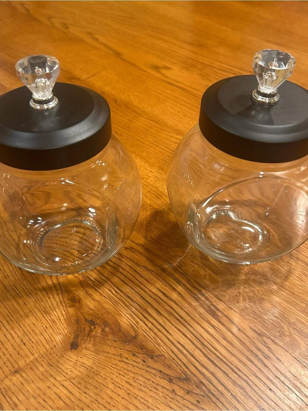 Clear Glass Storage Canister Set with Black metal Lids and Crystal Knobs